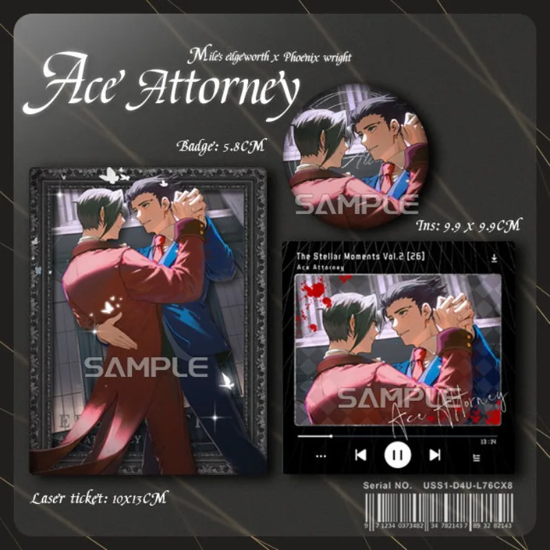 Ace Attorney Phoenix Wright Miles Edgeworth Double Waltz Laser Photocard Badge Pin Set