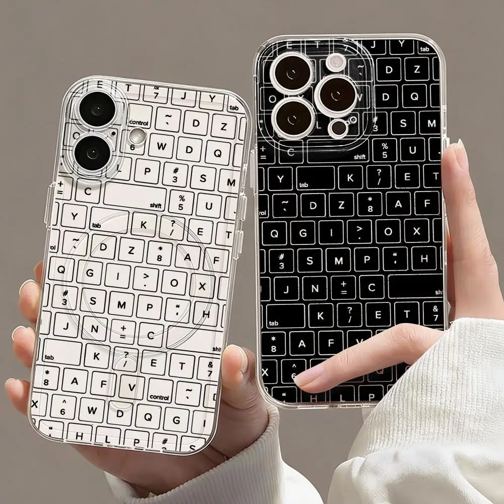 Keyboard pattern Phone Case For iPhone 17 16 15 14 13 12 Pro Max Plus Magnetic Clear Case Slim Wireless Charging Cover