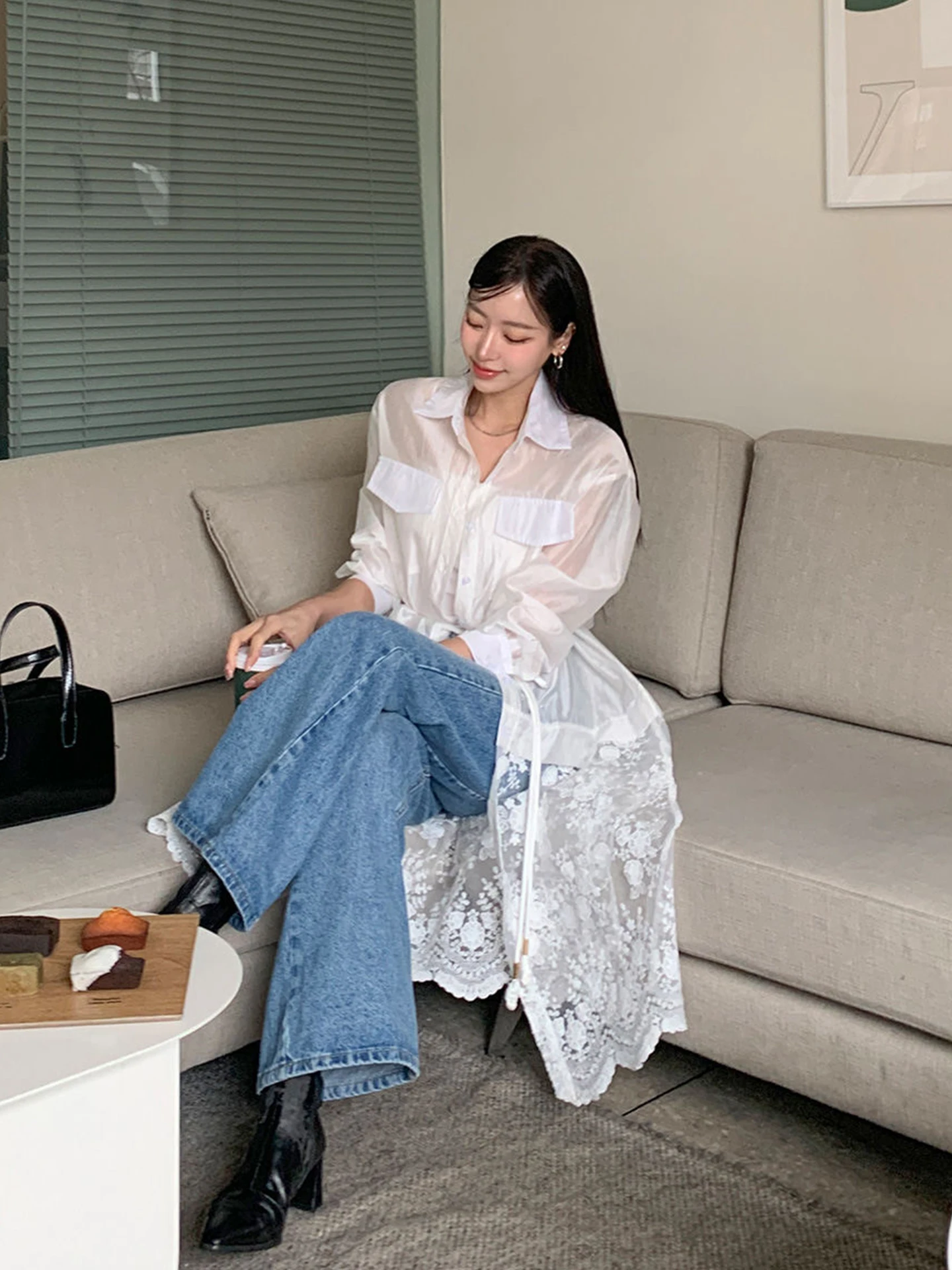 Chic Lace Hook Flower Splicing Belted Women's Shirt Dress Sensual Translucent Layering Spring French Style Cotton Long Sleeve...