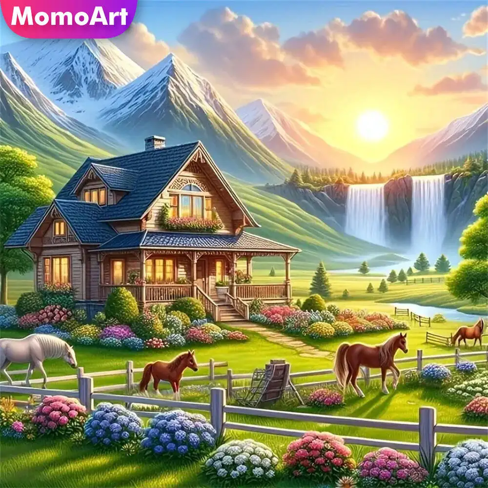 

Momoart Diamond Mosaic House Landscape Diamond Painting Mountain Waterfall DIY Suitable For Beginners Horse Holiday Gifts