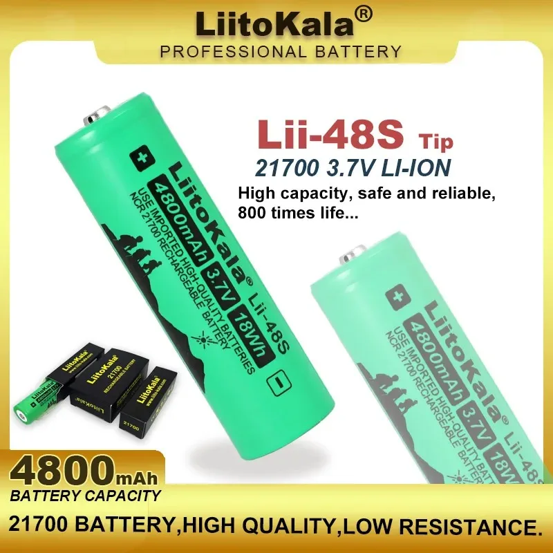 LiitoKala Lii-48S Tip 3.7V 4800mAh 21700 Li-lon Rechargeable Battery 9.6A Power 2C Rate Discharge Ternary Lithium Batteries