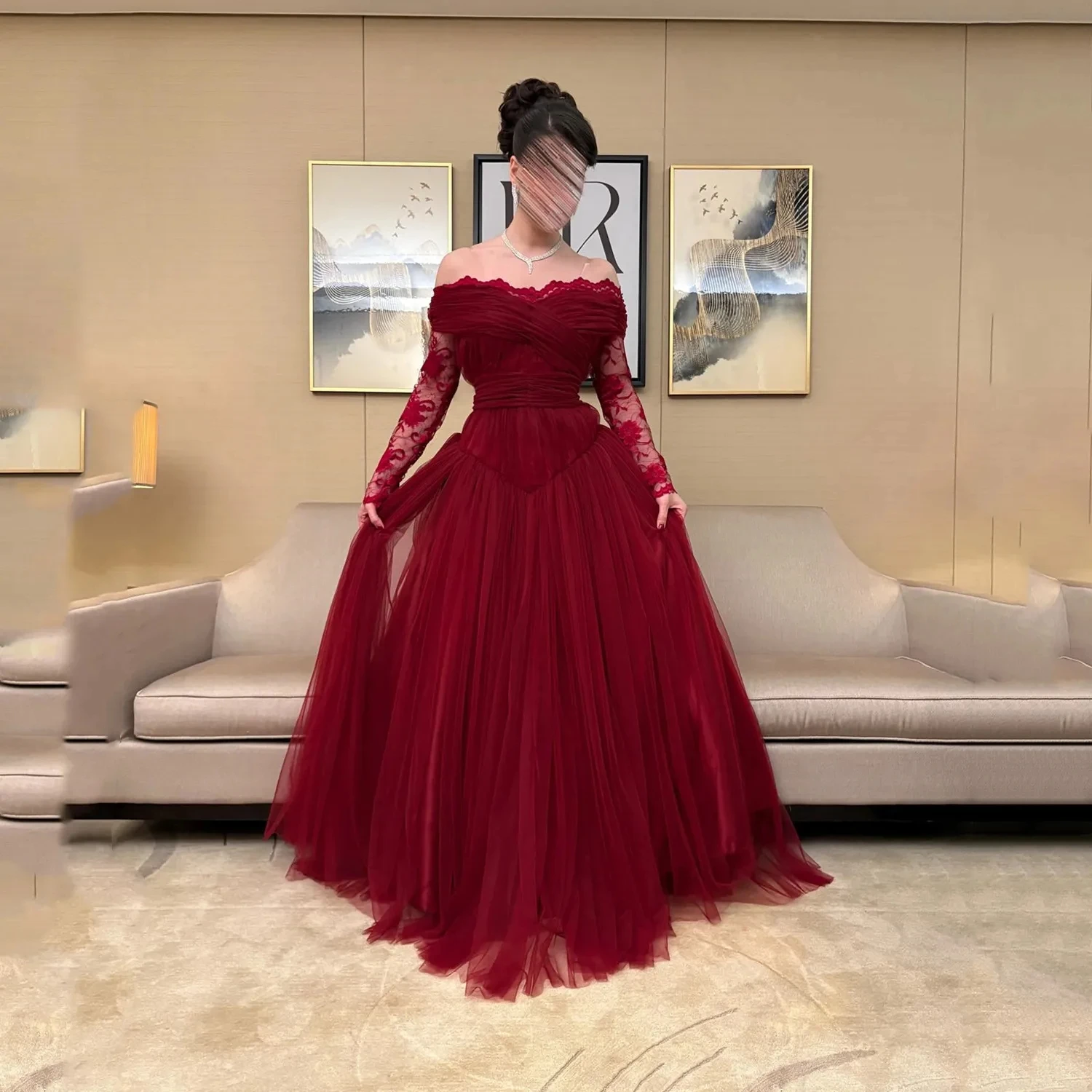 

Burgundy Lace Long Sleeves Bespoke Occasion Gown Evening Dresses Prom Pastrol Unisex Jersey Retro Dubai Saudi Arabic Customized