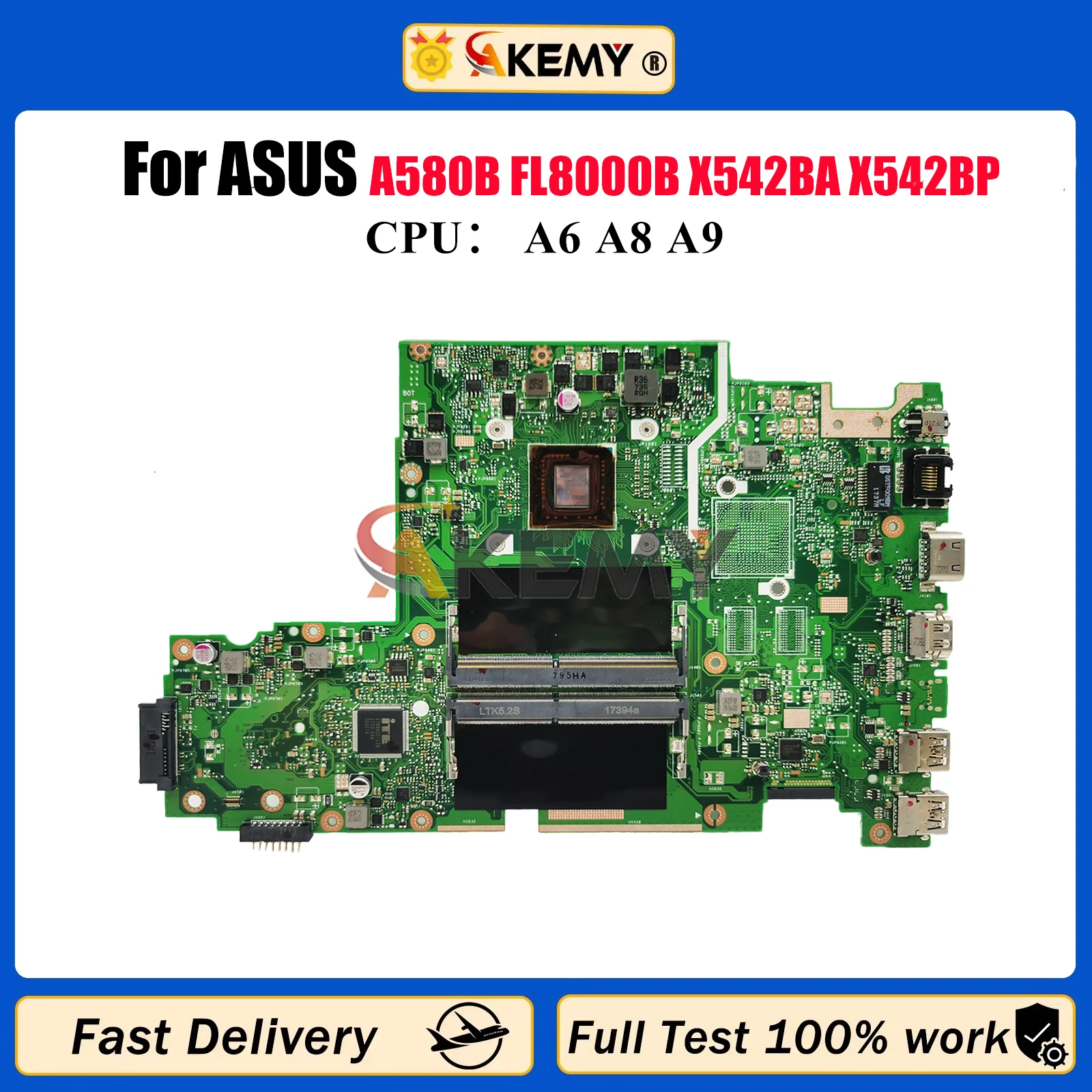 

X542BA Laptop Motherboard For ASUS VivoBook X542B A580B FL8000B X542BA X542BP Notebook Mainboard With A6 A8 A9 CPU 100% tests OK