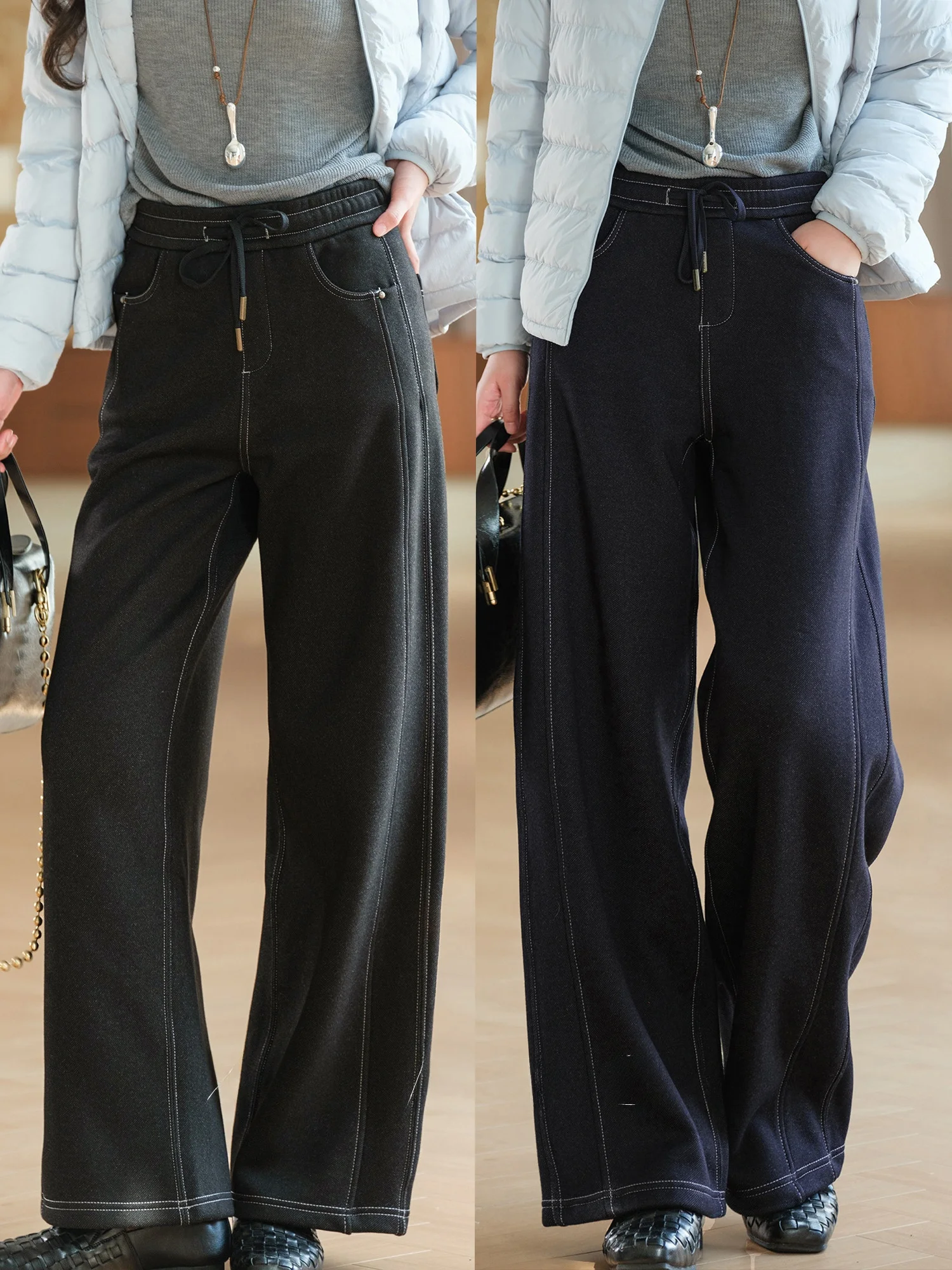 Fleece Lined Elastic Waist Straight Leg Jeans Heavy Duty Washing Processed with Clear Stitching And Water Washed Ladies Jeans