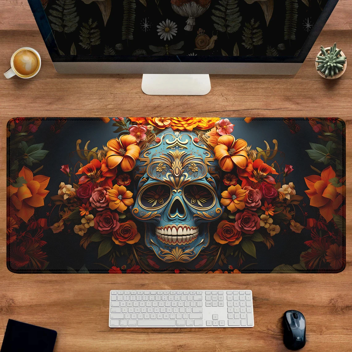 Skull Flower Mousepad Skeleton Non-slip Table Carpet XL Keynoard Mat Mouse Pad Large Desk Mat Edge Stitched PC Gaming Accessory