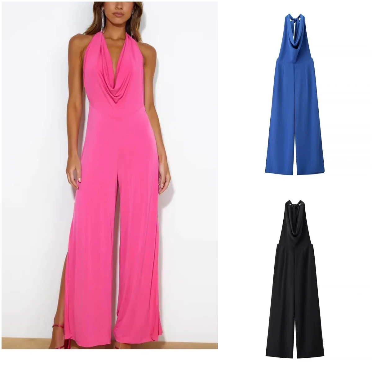 

Spring New Women's Dr Collar Svel Loose Sexy Bal Pleated Ne Hanging Wide Leg Jumpsuit Commute High Waist Long...