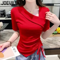 Chic Short Sleeved T-shirt V-neck Slimming Irregular Drawstring Design Crop Tops Women's Summer Korean Elegant Asymmetric Blouse