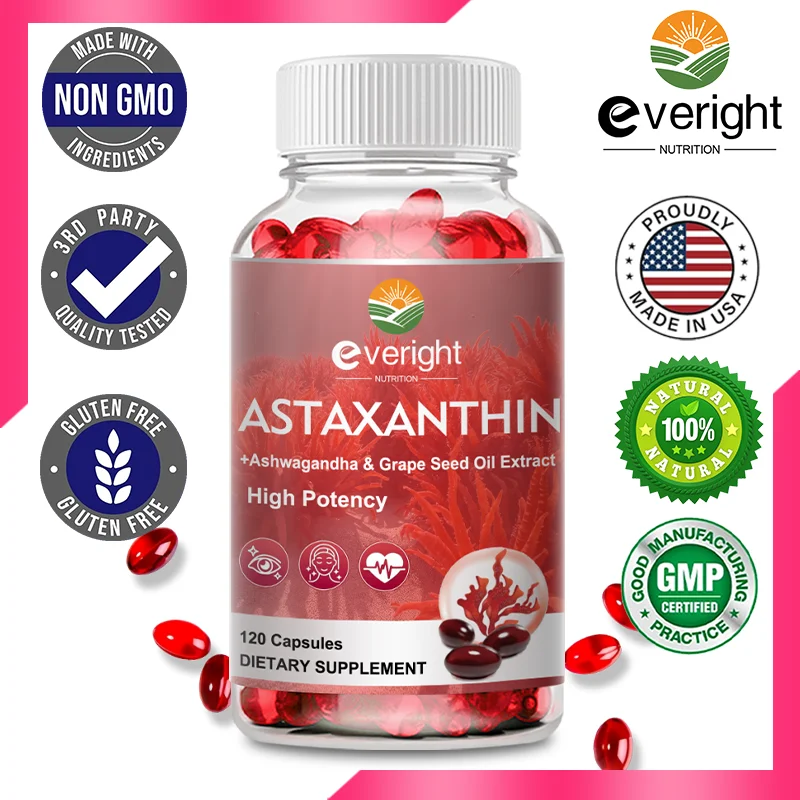 Astaxanthin Supplements 24mg, Fresh Microalgae Source Grape Seed Oil, Ashwagandha - Antioxidants for Healthy Skin, Eyes, Aging