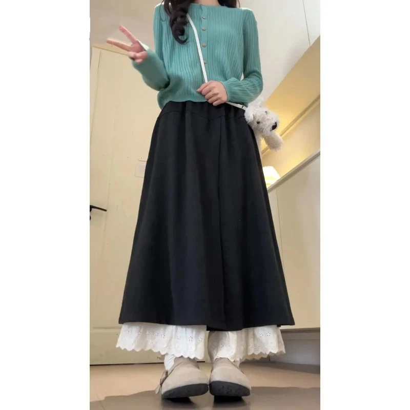 

Lace Lace and Velvet Wide Leg Pants for Women's Autumn and Winter New High Waisted Pear Shaped Slimming Casual Skirt Pants