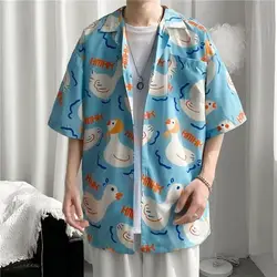 Fairy Tale Cute Duck Anime Button Up Shirt Kawaii Teenage Cool Beach Tops Oversized Loose Casual Men Women Streetwear Summer Tee