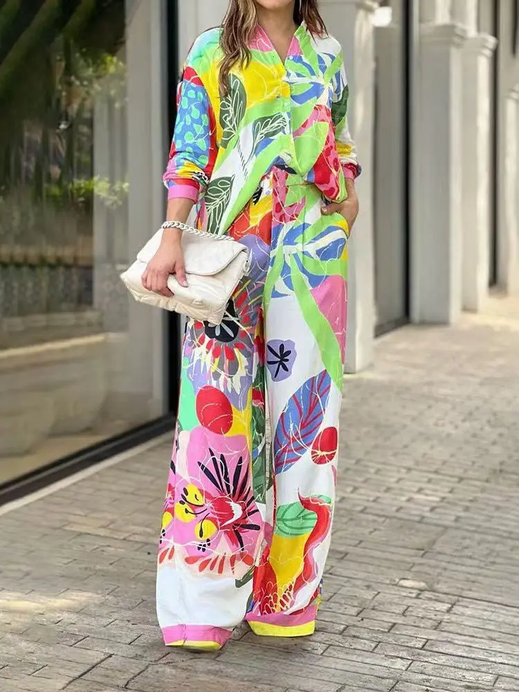 Loose Printed Pijamas Women 2 Piece Set Lapel Single-breated Top Female Fashion Wide Leg Pants Home Suits Sleepwear Outfits New