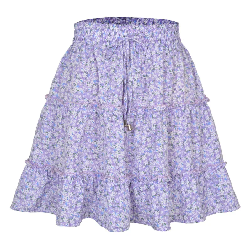 2024 New In Summer A-Line High Waist Loose Casual Floral Skirts Women Fashion Prairie Chic Female Lace-Up Sweet Beautiful Skirt