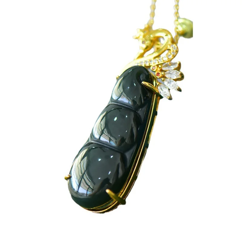 Eingelegte natürliche Xinjiang Hetian Jade Jade Glück Bohnen Mode Halskette Anhänger Damen schmuck einfache elegante Schlüsselbein kette