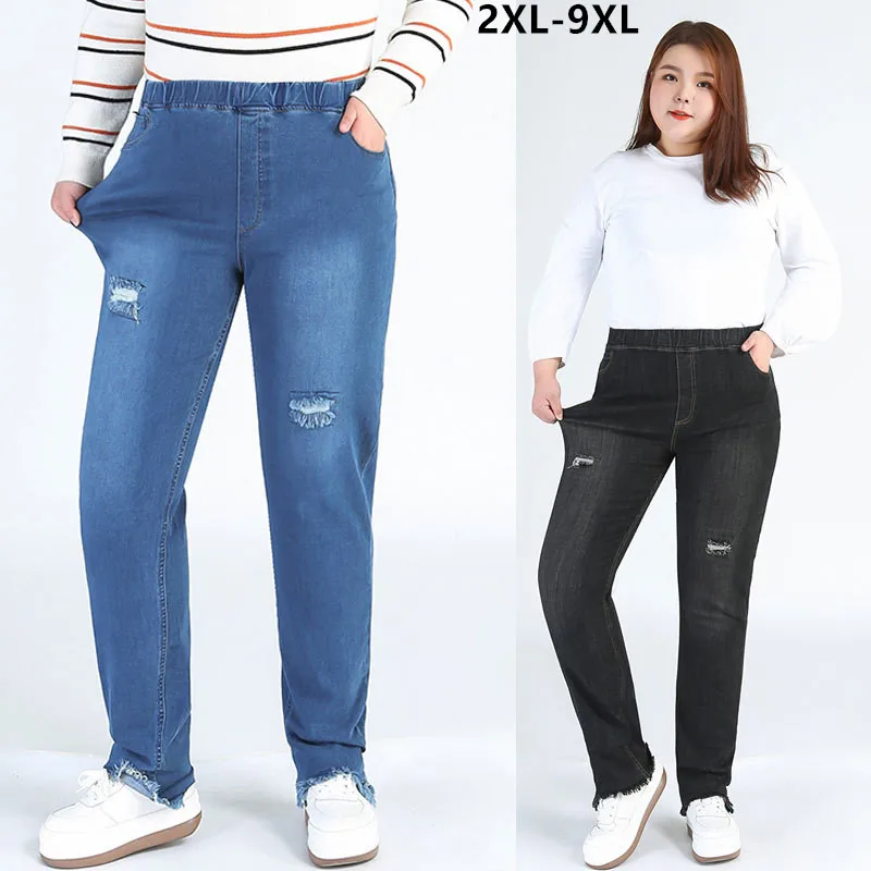 Plus Big Size 9XL 8XL 7XL Stretched Ripped Jeans For Women 140KG Female Slim Fit High Waist Pencil Denim Trousers Black Pants