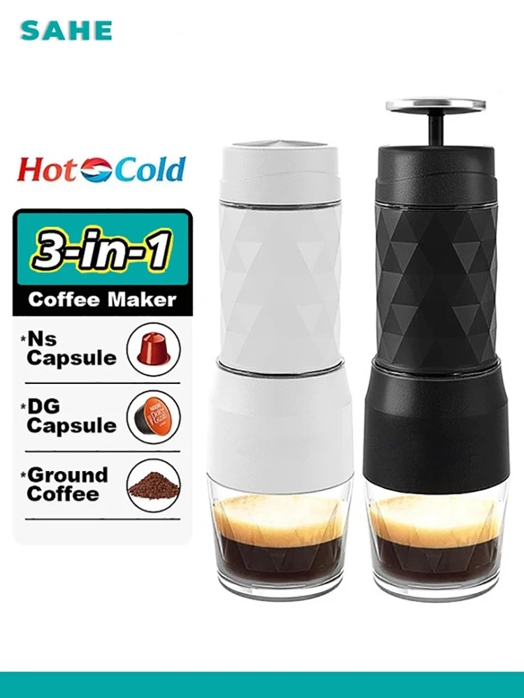 

SAHE 3 In1 Portable Coffee Machine Hot/Cold Water Manual Espresso Maker For Capsule & Ground Hand Press Brewer Home Travel