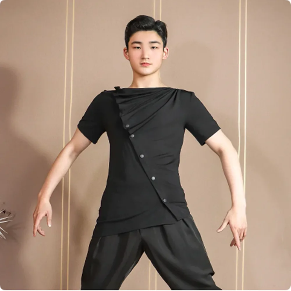 

Топы Dancve для латиноамериканских мужчин, новая одежда для тренировок с коротким рукавом, черные рубашки неправильной формы, современная одежда для бальных танцев ча-ча
