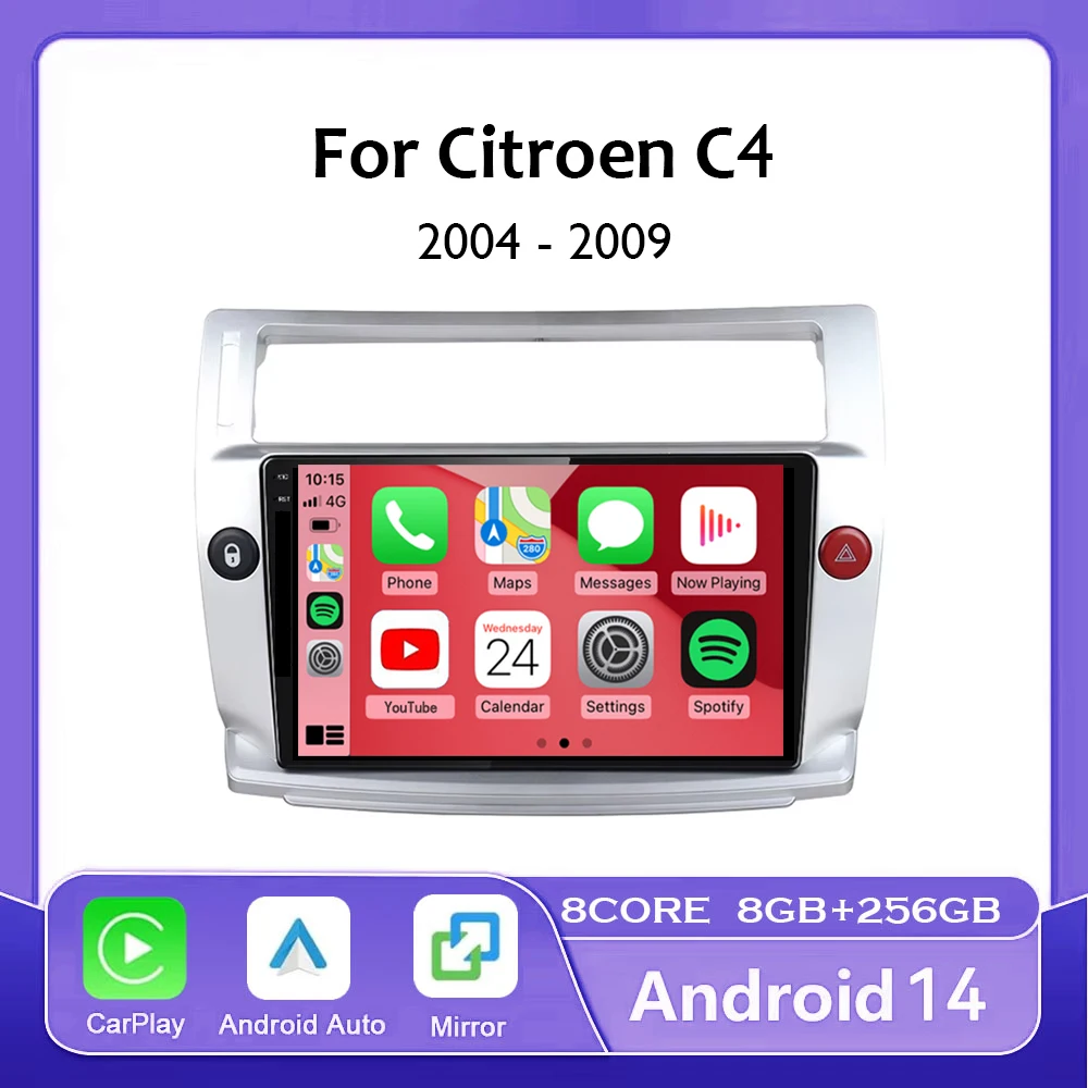 Android 14 Car GPS Multimedia radio Android video player Wireless Carplay Auto For Citroen C4 C-Trimphe C-Quarte 2004 - 2014