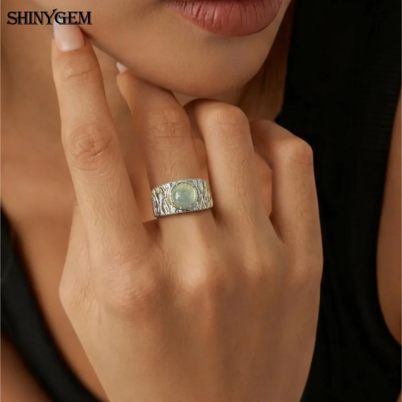 

SHINYGEM Women 8mm Natural Crystal Green Rutilated Quartz Amethyst Aquamarine Aventurine 14K Gold Plated Resizable Gemstone Ring