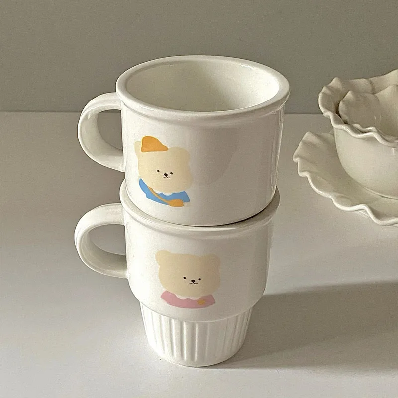 TingKe-Handmade Cute Bear Pattern Ceramic Couple Cup, Creative Eggshell Stacked Cup, Modern Simple Home Mug, Coffee Cup