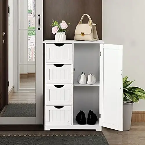 

Small Cabinet Wooden Bathroom Floor Cabinet Small Space White Side Organizer with 4 Drawers and 1 Cupboard Adjustable 22"