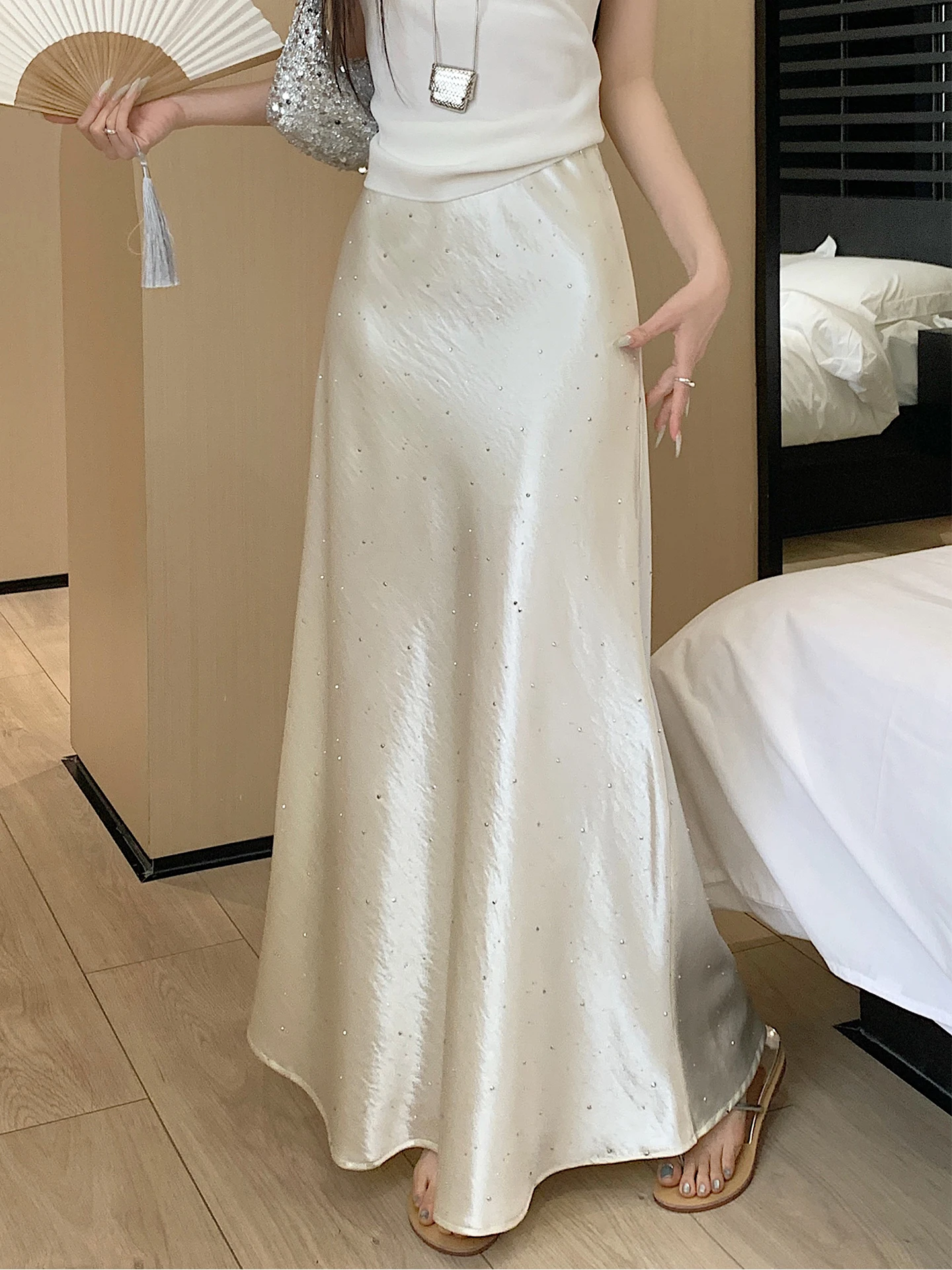 

Женская летняя юбка-русалка Ele с завышенной талией из ацетатного атласа, облегающая, драпированная, А-силуэта, с эффектом утяжки, со стразами