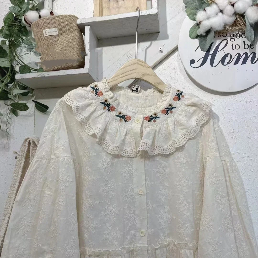 Female Japanese Mori Girl Retro Chic Cotton Ruffled Lace Floral Embroidery Shirt Vintage Cottage Core Sweet Tunic Loose Blouse