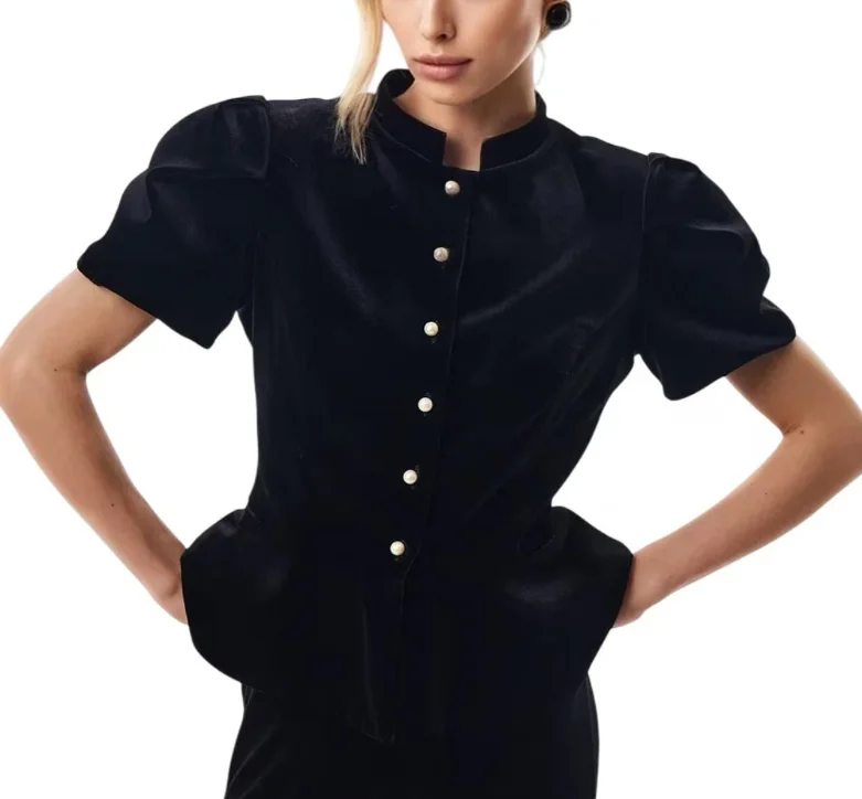 Top Women 2026 New Spring Summer Bubble Sleeve Stand Collar Pearl Single Breasted Slimming and Versatile Casual Daily Top