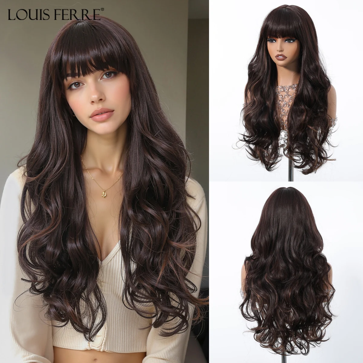 

LOUIS FERRE Synthetic Natural Black Wig With Bangs Long Wavy Curly Hair Wigs For Women Daily Party Cosplay Heat Resistant Fibre