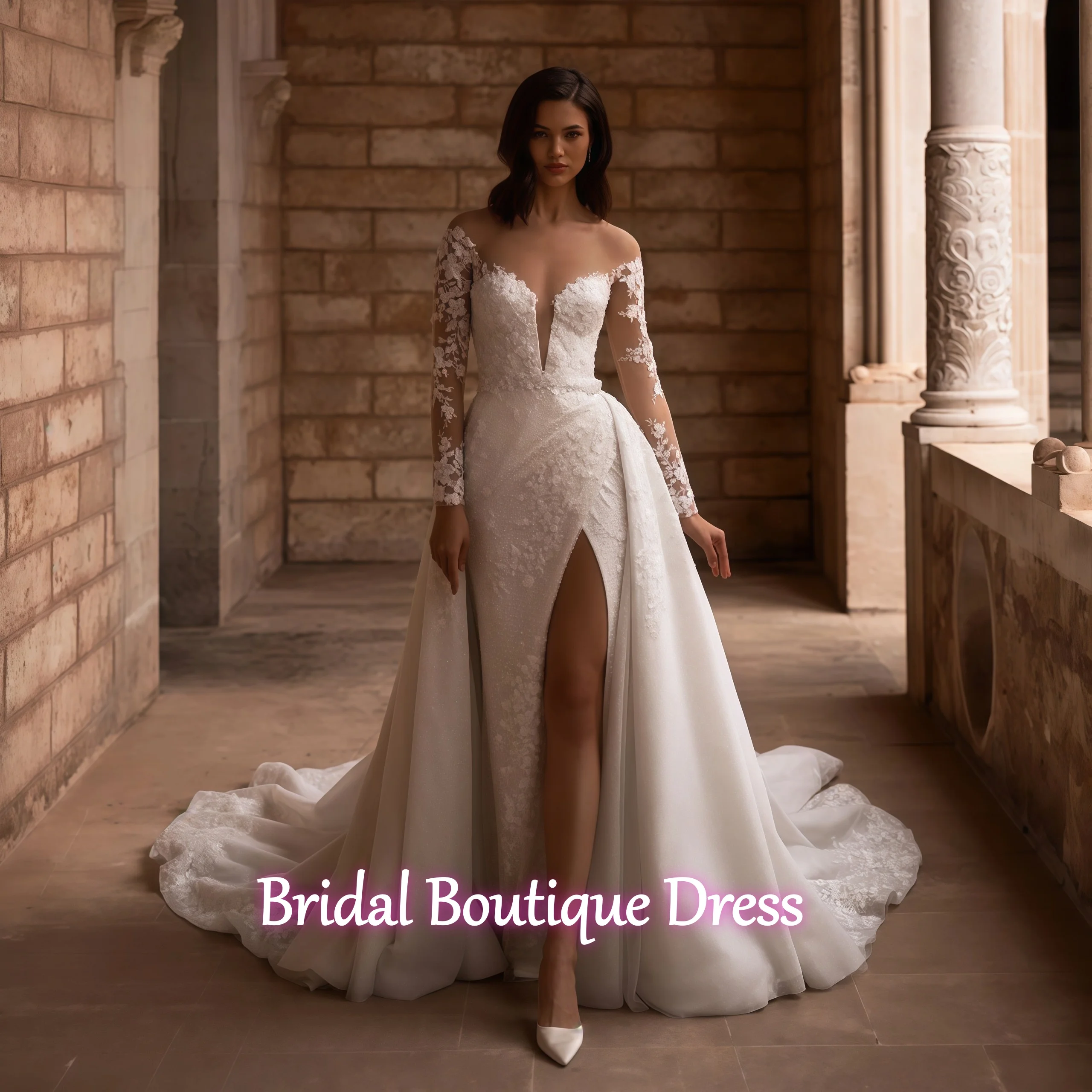 Personalizza abiti da sposa a sirena sexy in pizzo eleganza che bordano perle ricami applicazioni pizzo illusione scoop 2 in 1 abiti da sposa