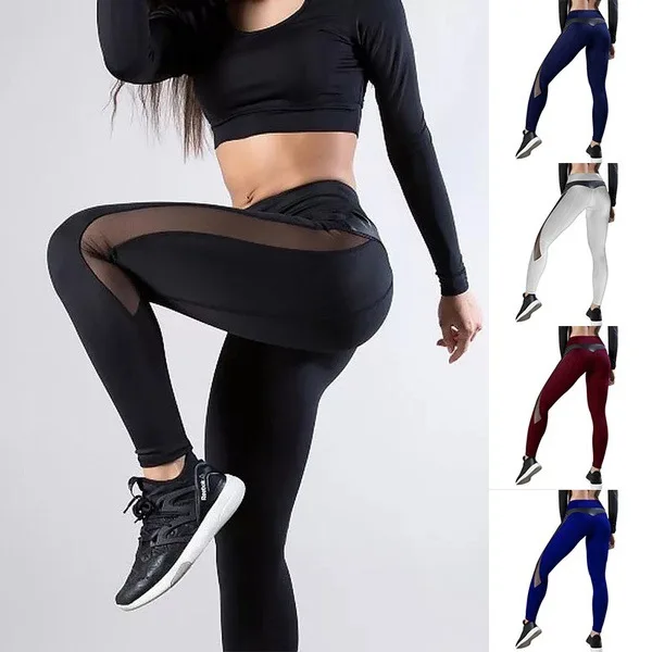 Women\'s Sexy Mesh Pu Stitching Hip Lifting Yoga Sports Leggings Fitness Running Workout Pants Slim Skinny