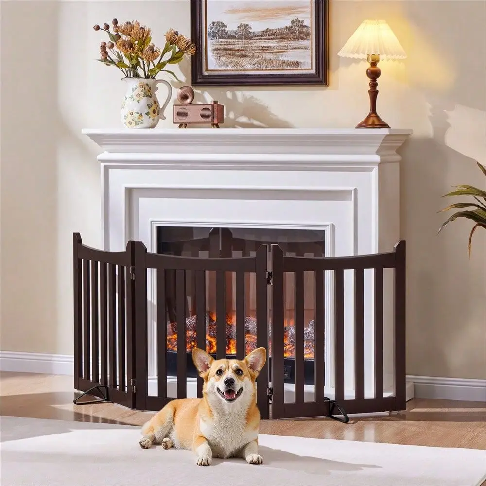 

3Panel Freestanding Wooden Pet Gate With Door For Doorway