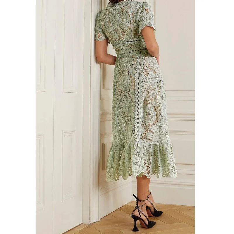 New Elegant Women's Dress Green Lace Vintage Party Vestido Lady Clothing Hook Flower Hollow Puff Sleeve Bodycon Summer Vacation