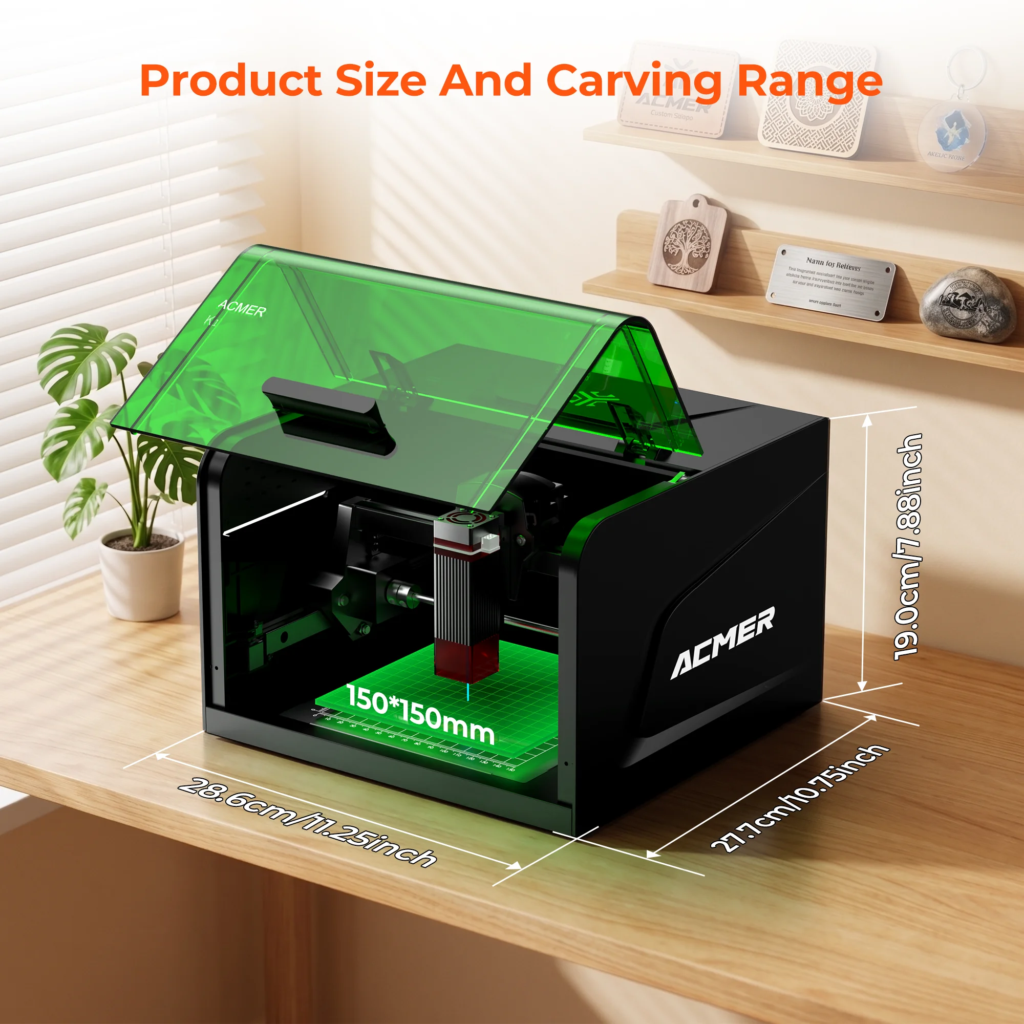 ACMER K1 Laser Engraver 0.01mm High Precision Laser Engraving Machine Enclosed Protective Cover Anti-Tilt Laser Cutter Support 300+ Materials Work on Wood Leather Metal Glass, Compatible Windows macOS Linux LightBurn GRBL DIY Custom Gift Engraving Tool - view 5
