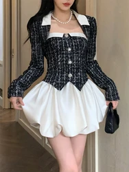 Elegant 2 Piece Dress Set Woman Black Crop Tops + Slim Sleeveless Y2k Mini Dress Corest Corset Korean Fashion Suit 2023 Autumn