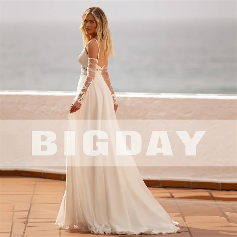 Elegant A-Line Wedding Dress Women 2024 Lace Open Back V-Neck Spaghetti Straps Split Bridal Gowns Sweep Train Vestidos De Noiva