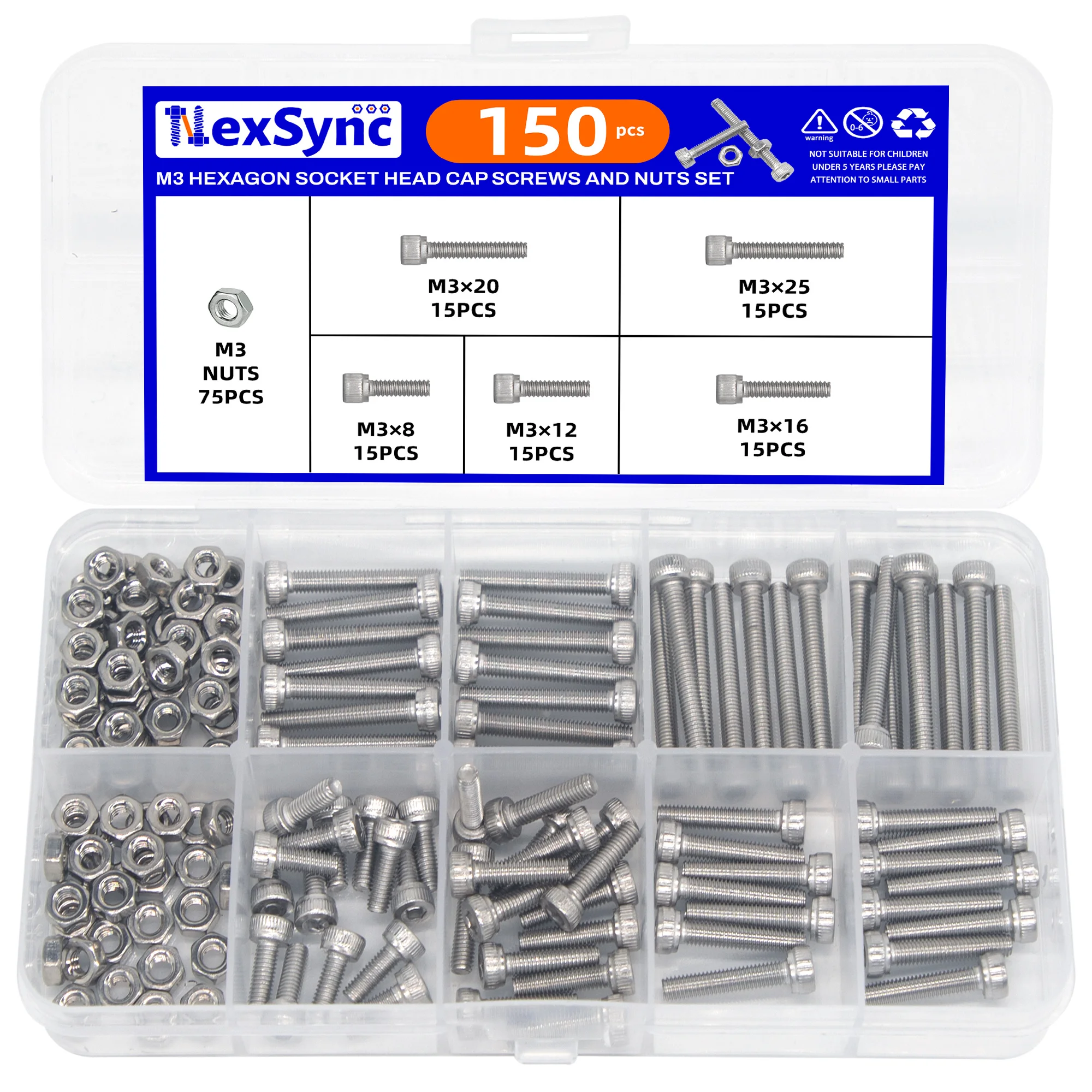 150pcs M3 Hexagon Socket Head Cap Screws And Nuts Set M3x8mm/12mm/16mm/20mm/25mm For Small DIY Repair Projects