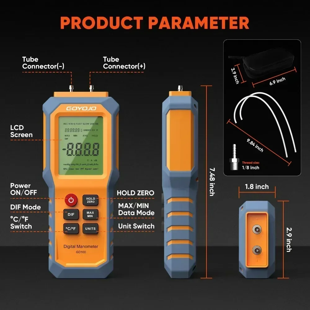 HT-1890 Air Pressure Gauge Digital Manometer Dual Port for Natural Gas Pipelines Ventilation Detection Gas Pressure Test