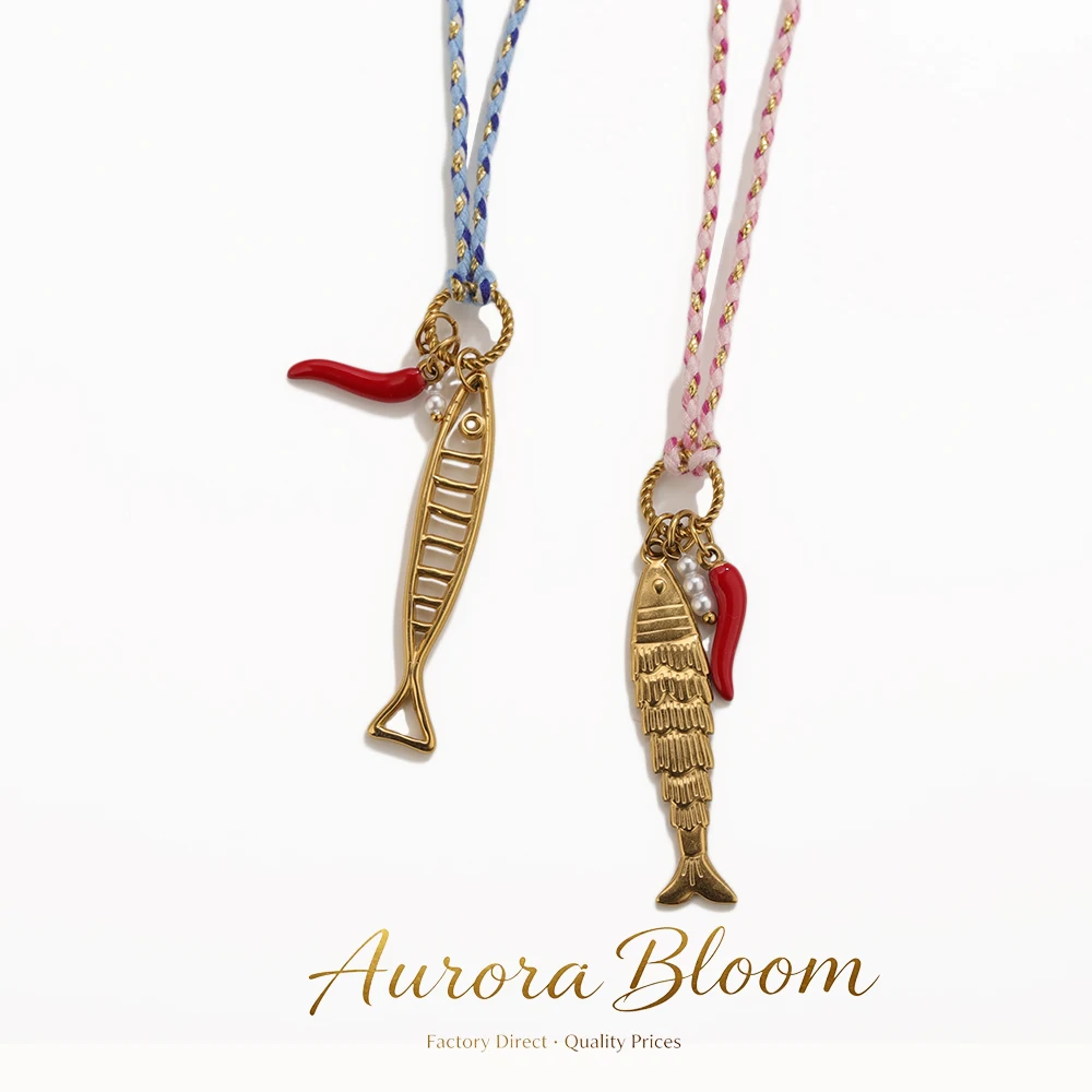 18K PVD Gold Plated Enamel Fish & Chili Sweater Chain for Women Stainless Steel Braided Rope Creative Fashion Jewelry Gift