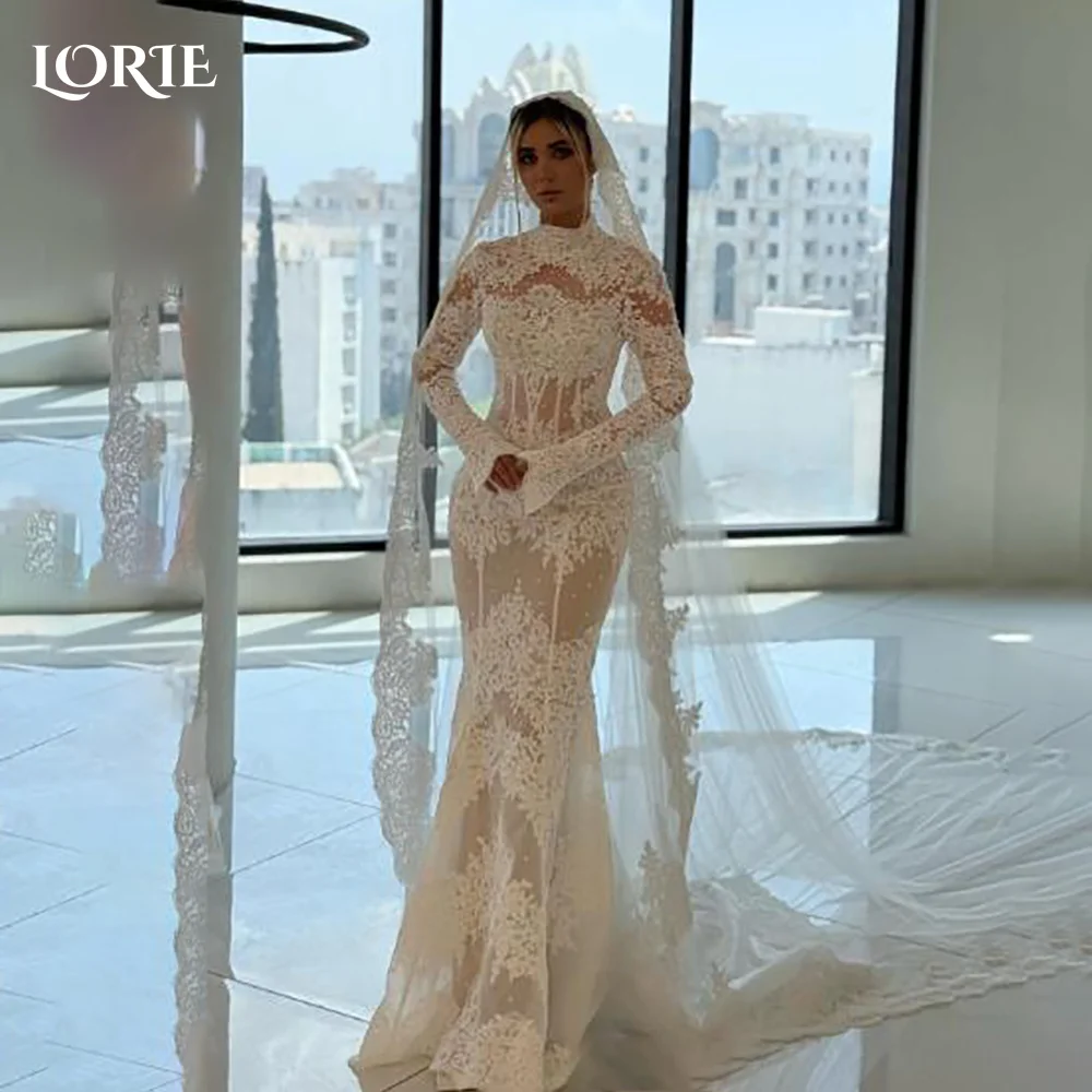 

LORIE Lace Wedding Dress High Collar Long Sleeve A-line Appliques Mermaid Bride Gown Elegant Boho Bride Dress vestidos de novia