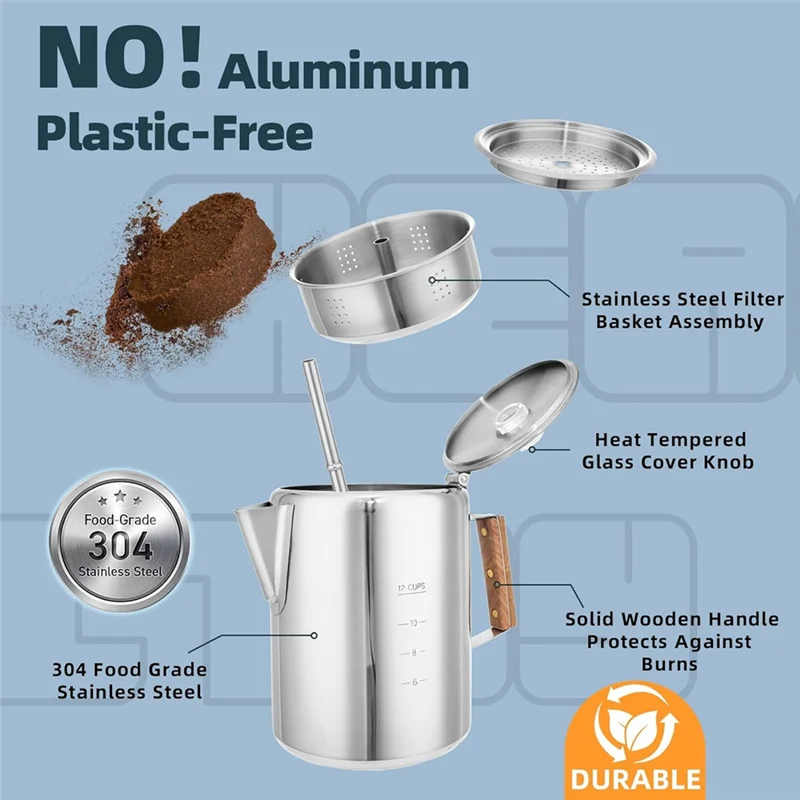 A36T-إبريق قهوة موقد صانع القهوة Percolator المعسكر إبريق قهوة الفولاذ المقاوم للصدأ إبريق قهوة في الهواء الطلق 12 كوب