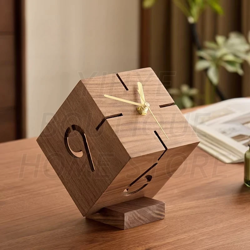 

Minimalist Luxury Cube Table Clock Hollowed Black Walnut Silent Desk Timepiece, Stylish Small Home Accent Fashionable Modern