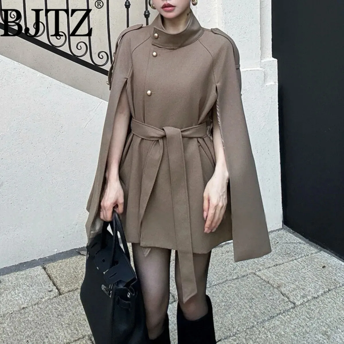 

BJTZ 2025 осень-зима женский плащ в стиле накидки шикарный элегантный пояс с начесом на талии замшевая офисная повседневная верхняя одежда куртка