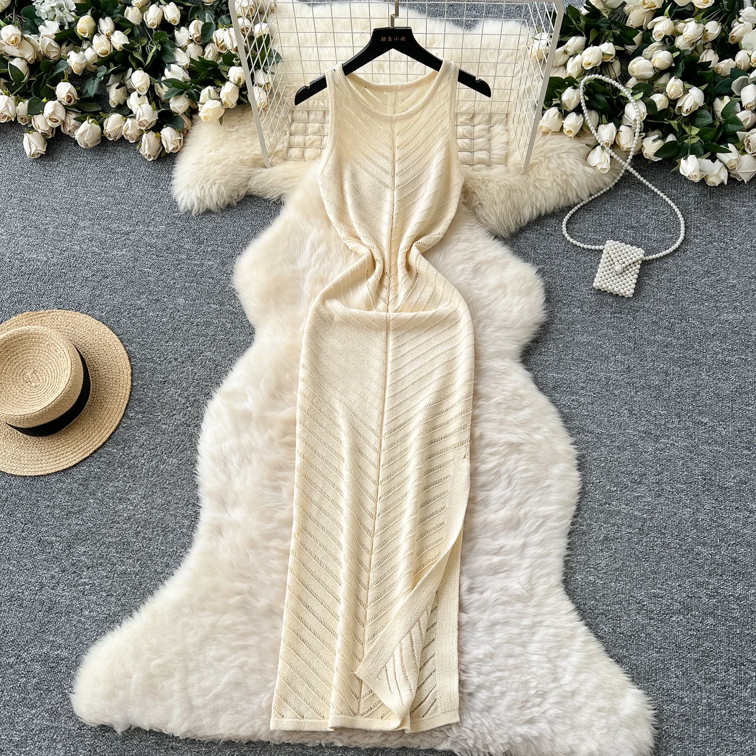 REALEFT ฤดูร้อน Elegant Hollow OUT ผู้หญิงถักชุด 2025 ใหม่แขนกุด O-คอลําลองด้านข้างแยกชุดหญิง