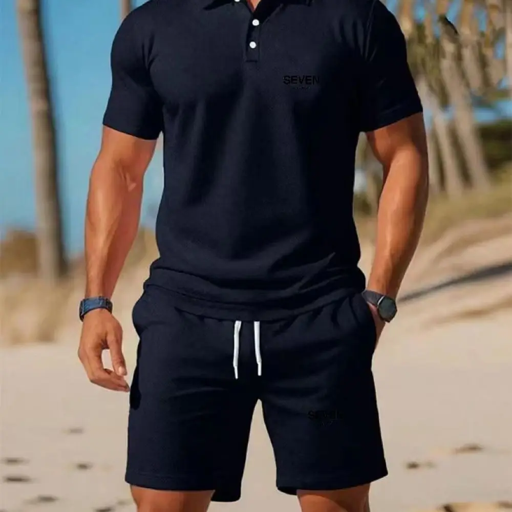 Summer Men's Streetwear 2 Piece Set polo-Neck T-Shirt+Sports Shorts Quick Dry Fitness Gym Running Suit Hot Sale Fashion Casual