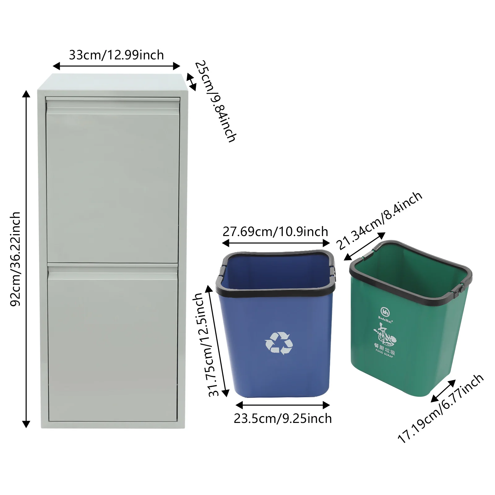Dual Bin Tilt Out Trash Cabinet, 15 Gallon Stainless Steel Recycling Waste Container, 35 lbs Capacity, Pull Out Bins for Kitchen