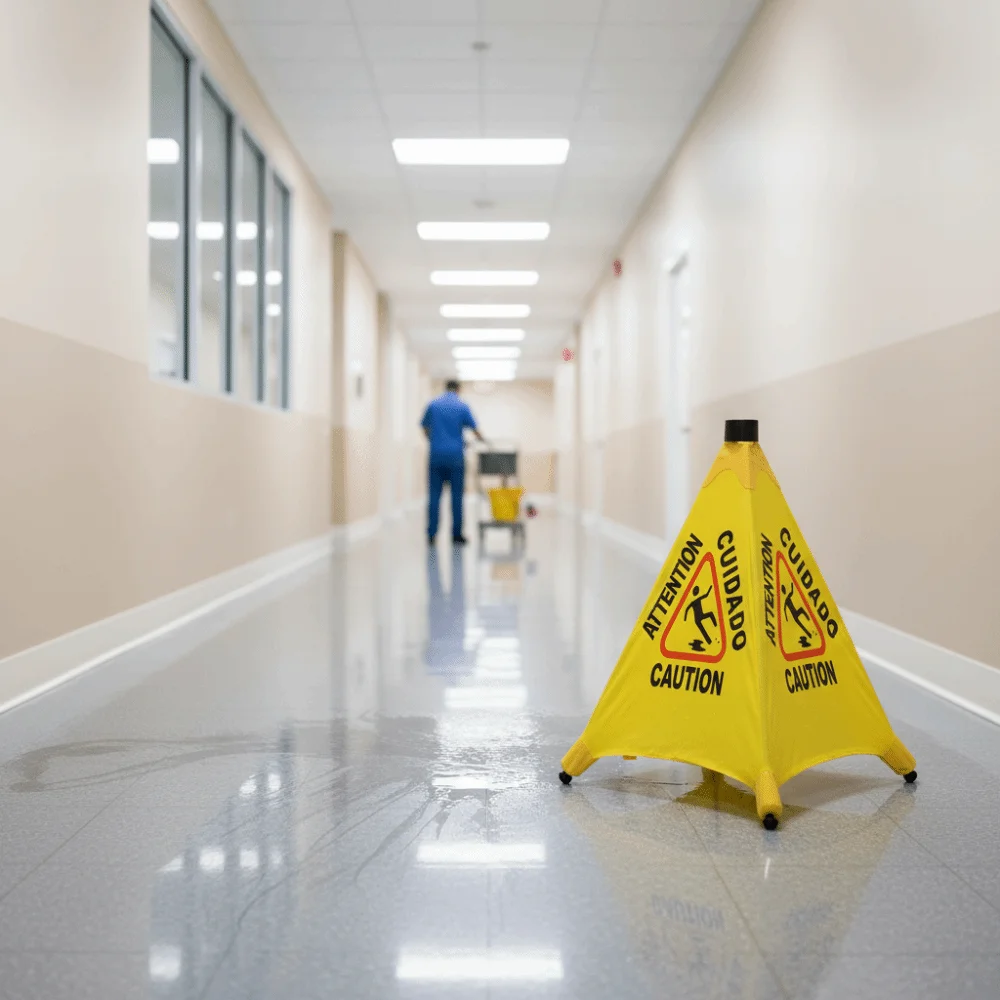 Triangular Cone-Shaped Caution Wet Floor Sign Wall Mounted Foldable Slippery When Wet Sign Multilingual Pop-Up Design