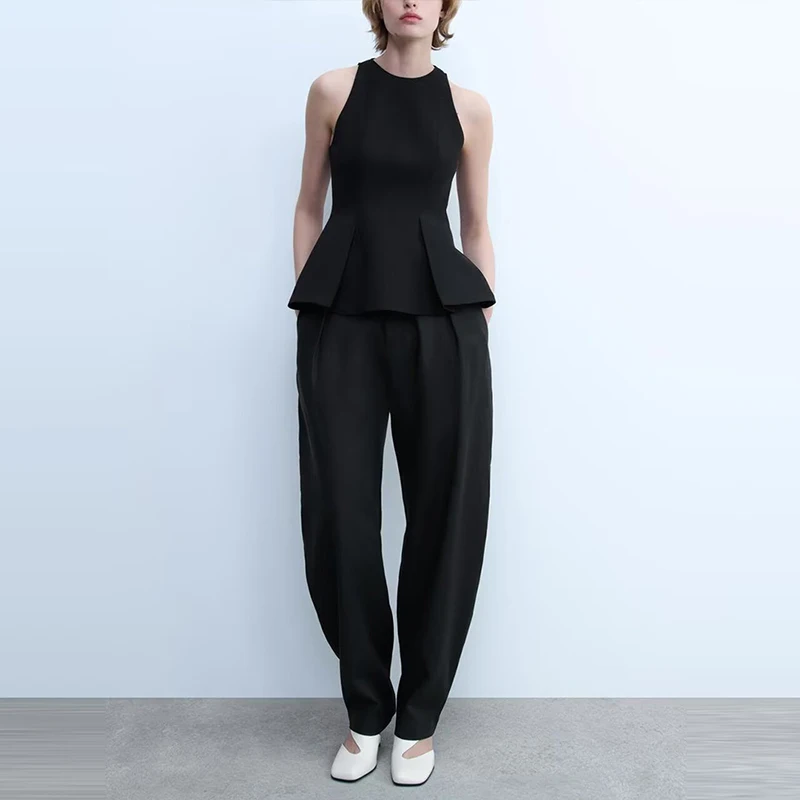 Ele Women's Summer irt without Sves Ne Hanging Design Pleated Top Quali Polyester Fiber Z Brand New 2025