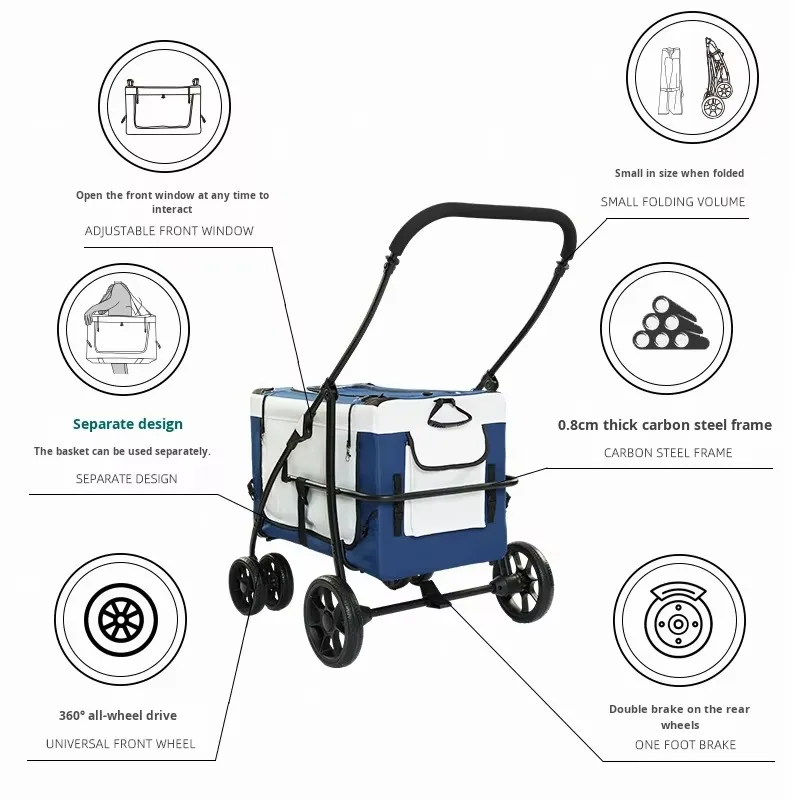 Large Capacity Portable Foldable Pet Stroller Oxford Material with Detachable Cat Stroller for Multiple Dogs 4 Wheels