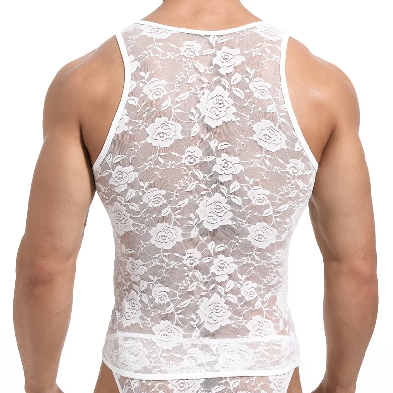 Men Floral Lace Tank Tops Sexy Transparent Mesh Elastic Fitted Singlet Sleepwear Male See-Through Sleeveless Vest Nightwear