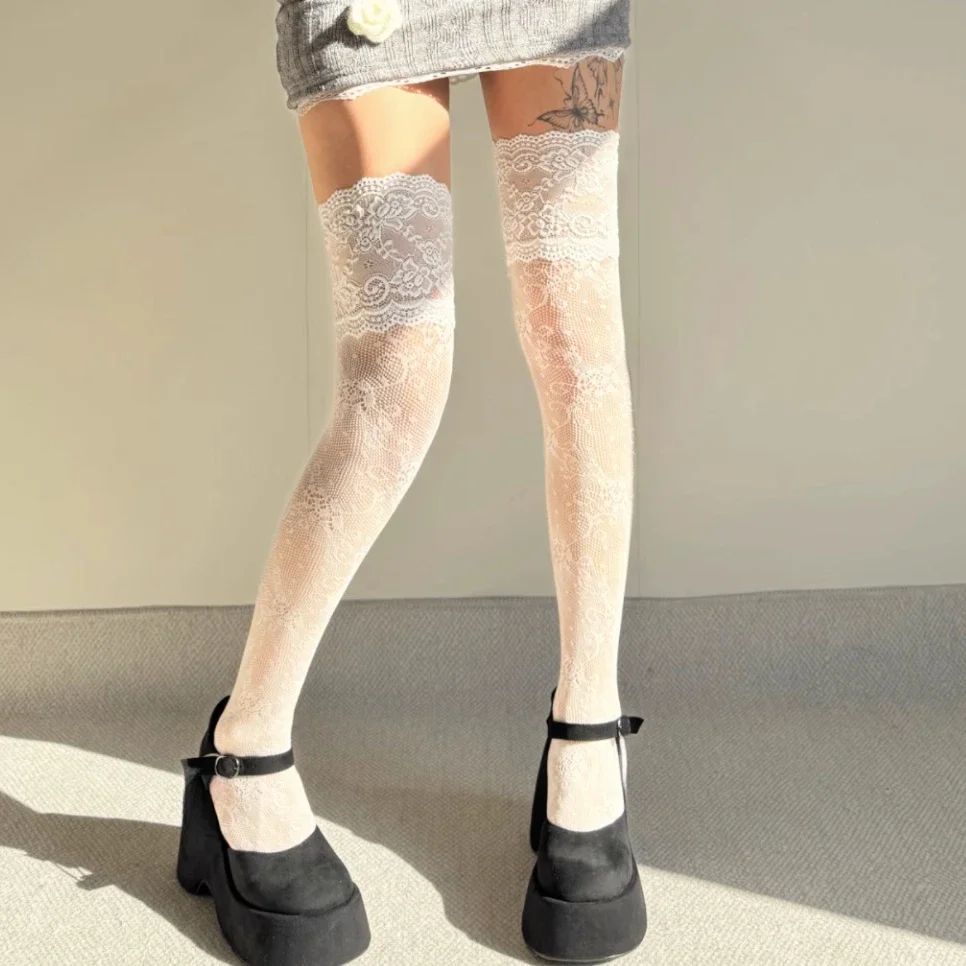 

White Knee High Stockings for Women Lolita Gothic Costumes Pure Desire Sexy Wide Lace Stockings Fishnet Breathable Long Socks